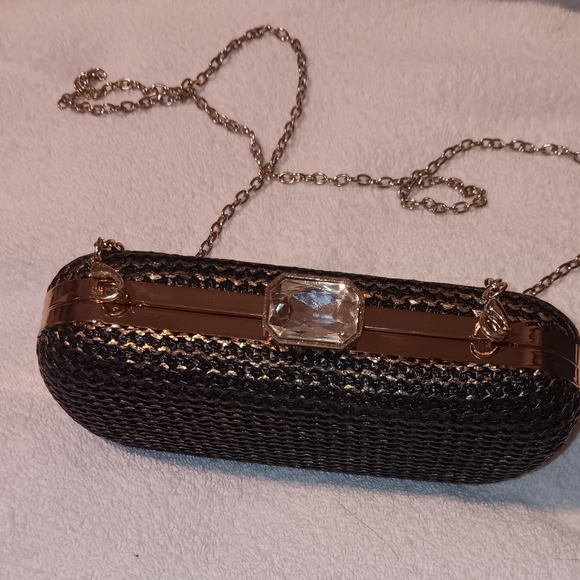 Black and Gold Textured Clutch with Chain Strap - Picture 1 of 12